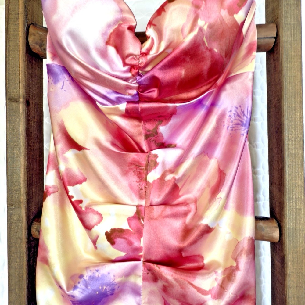 Jump Apparel Strapless Stain Floral Dress Sz 7/8 Pink Watercolor Bodycon